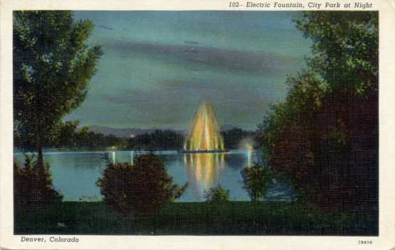 102-Electric Fountain, City Park at Night, Denver, Colorado (1940)