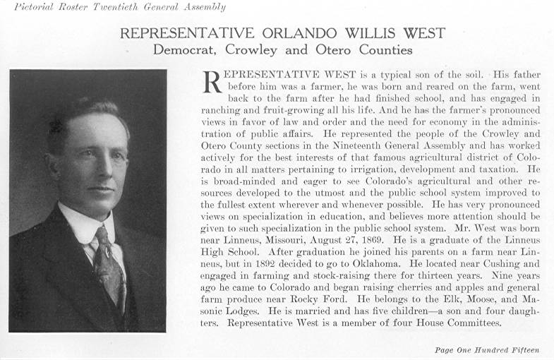 rep. Orlando Willis West, Crowley & Otero Counties (1915)