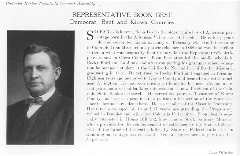 Rep. Boon Best, Bent & Kiowa Counties (1915)