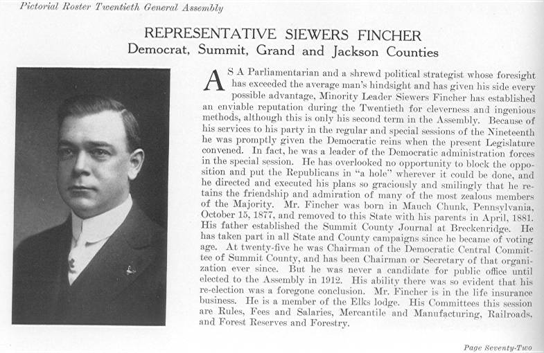 Rep. Siewers Fincher, Summit, Grand & Jackson Counties (1915)